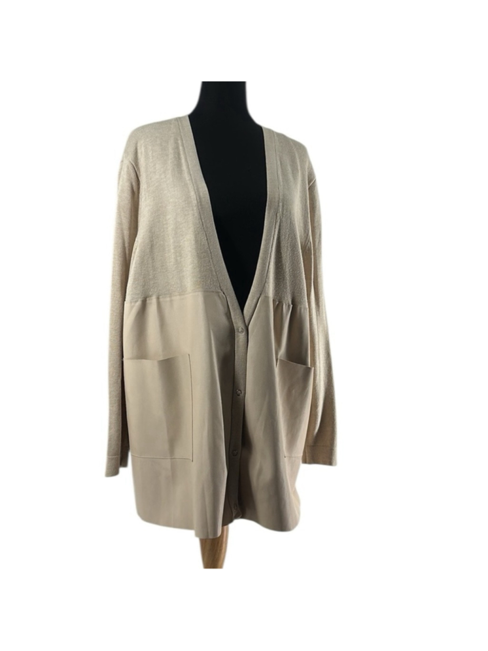 Zara Knit Button Cardigan Sweater Long Faux Leather Detail Pockets beige sz sm